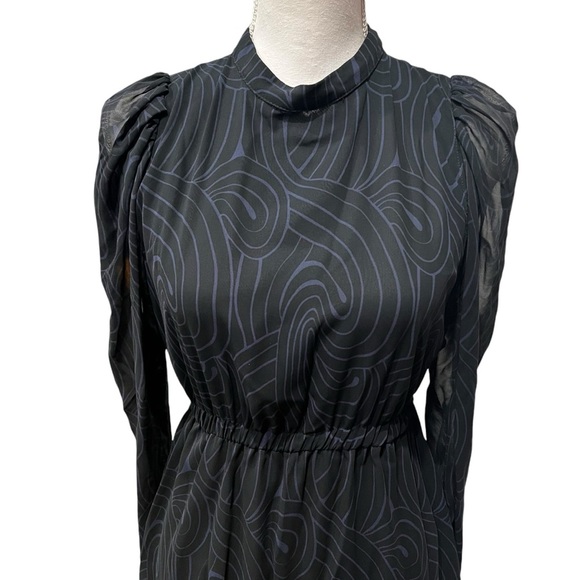 ZARA The Kate Long Puff Sleeve Sheer Chiffon Mini Dress Blue & Black Medium NWT - Picture 4 of 13